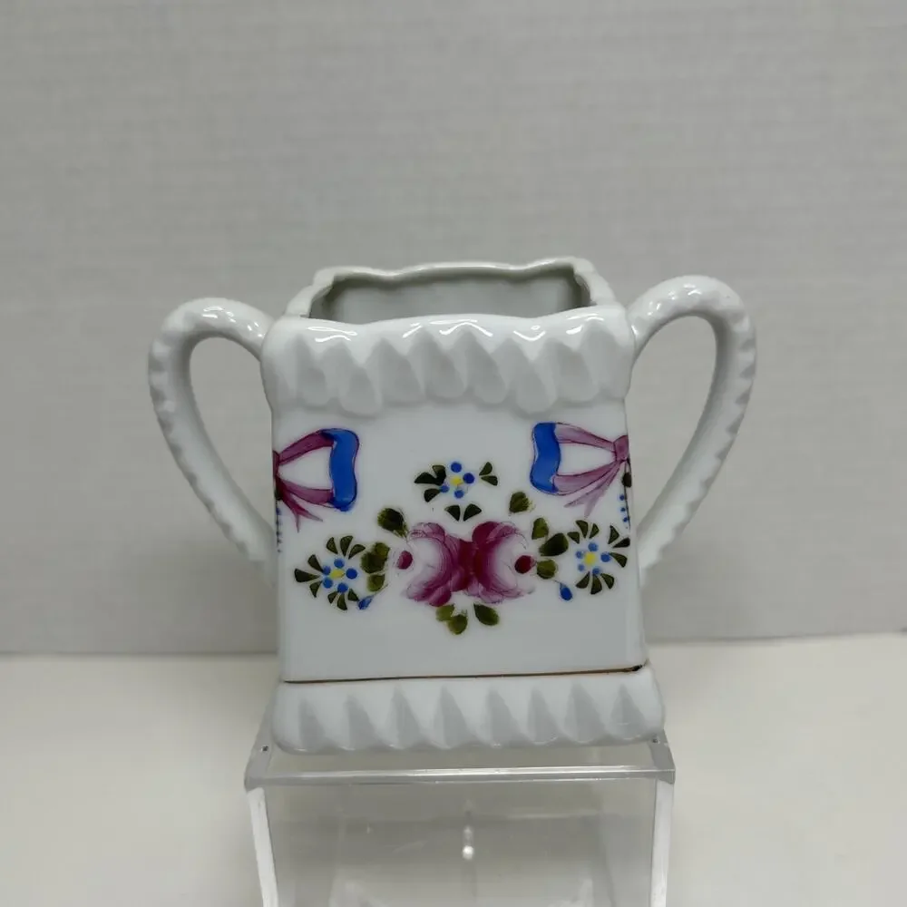 Vtg Fred Roberts Square Open Sugar Bowl Handpainted Roses + Bowes Ceramic